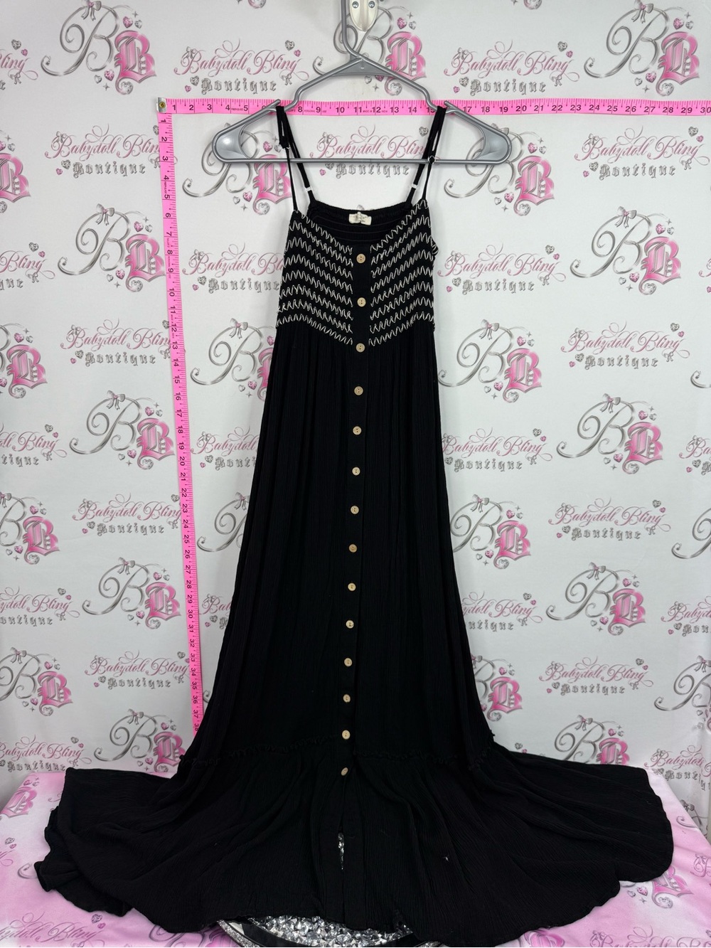 Love Stitch dress long smocked Black Maxi Dress with Button Front